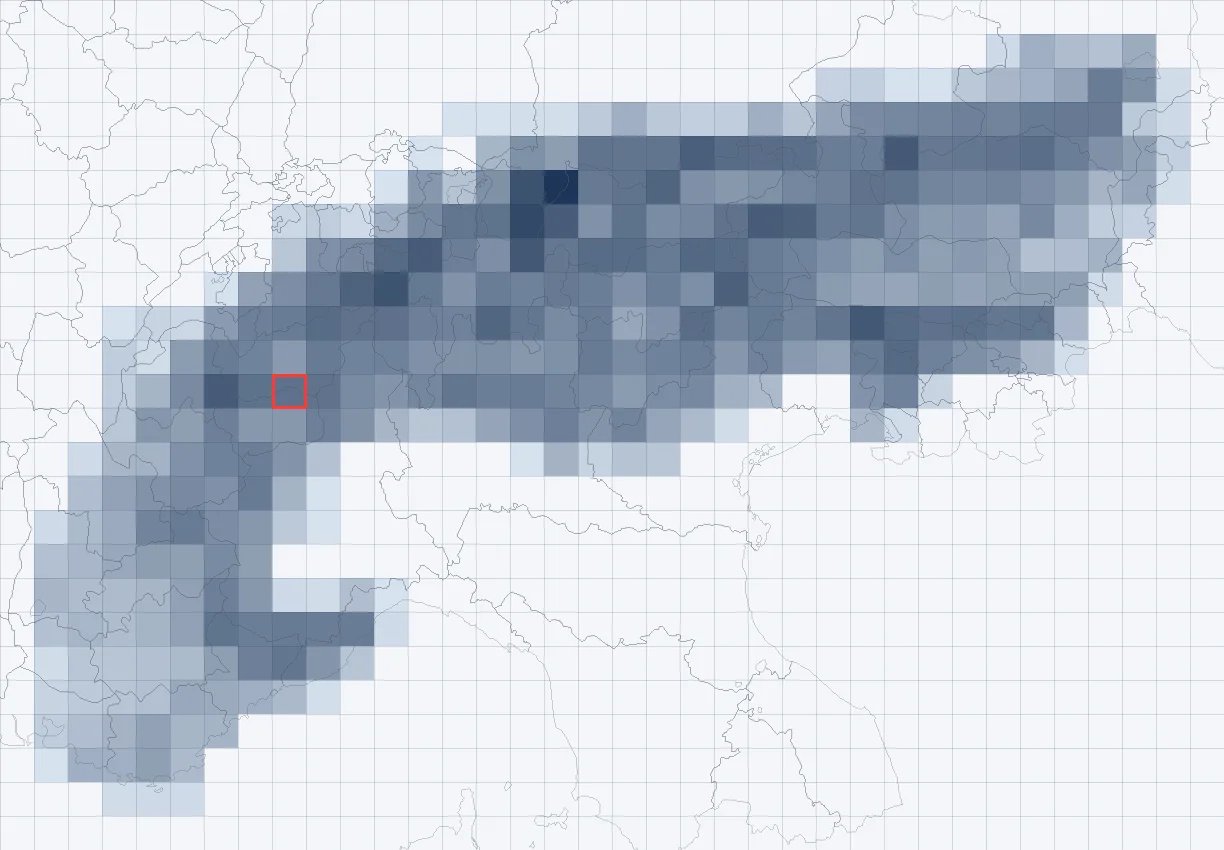 The 356 z10 tiles that contain peaks, darker means more peaks. The Matterhorn tile 533/364 is outlined in red.